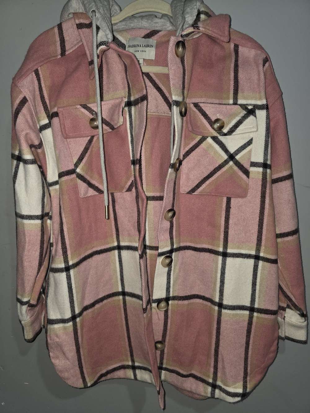 Sabrina Lauren Pink Plaid Shacket with Hood-Small